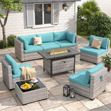 Six-seat wicker patio set with fire pit table — product image 12 of 40