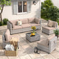6-Seat Modern Outdoor Wicker Rattan Patio Furniture Set with 55,000 BTU Fire Pit Table, Thick 4″ Cushions, All-Weather Dual-Strand Rattan, Rust-Resistant Steel Frame