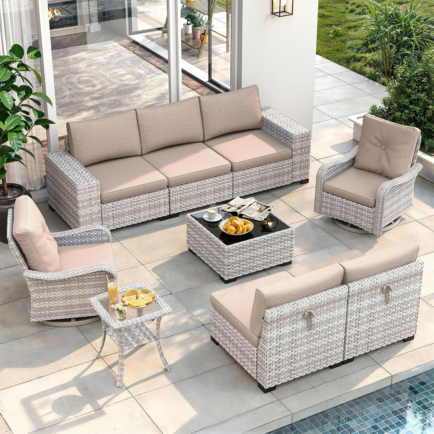 Outdoor Wicker Rattan Sectional Sofa Set with Swivel Chairs & Fire Pit Table, with 4" Thickened Cushions & Coffee Table, All-Weather PE Rattan for Garden, Backyard, Porch