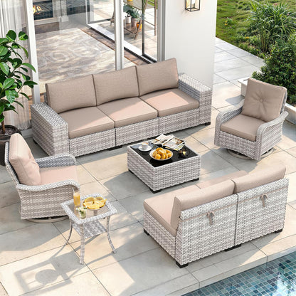 Outdoor Wicker Rattan Sectional Sofa Set with Swivel Chairs & Fire Pit Table, with 4" Thickened Cushions & Coffee Table, All-Weather PE Rattan for Garden, Backyard, Porch