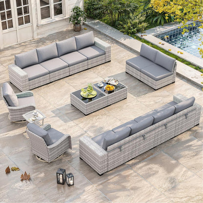 Outdoor Wicker Rattan Sectional Sofa Set with Swivel Chairs & Fire Pit Table, with 4" Thickened Cushions & Coffee Table, All-Weather PE Rattan for Garden, Backyard, Porch