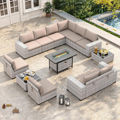 Outdoor Wicker Rattan Sectional Sofa Set with Swivel Chairs & Fire Pit Table, with 4" Thickened Cushions & Coffee Table, All-Weather PE Rattan for Garden, Backyard, Porch
