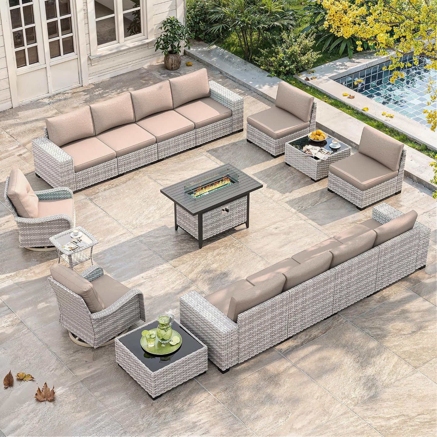 Outdoor Wicker Rattan Sectional Sofa Set with Swivel Chairs & Fire Pit Table, with 4" Thickened Cushions & Coffee Table, All-Weather PE Rattan for Garden, Backyard, Porch