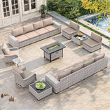 Maison Backyards Outdoor Wicker Sectional Sofa Set with Swivel Chairs & Fire Pit Table