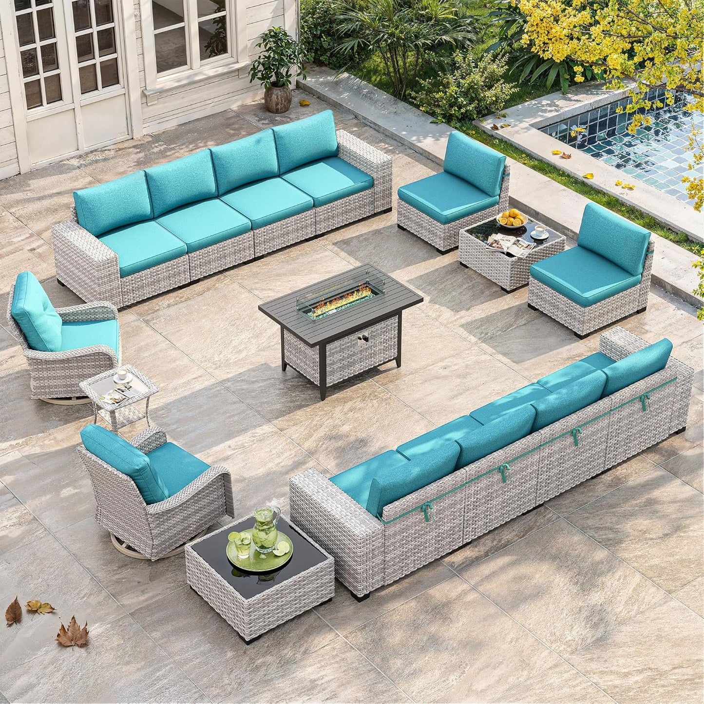 Outdoor Wicker Rattan Sectional Sofa Set with Swivel Chairs & Fire Pit Table, with 4" Thickened Cushions & Coffee Table, All-Weather PE Rattan for Garden, Backyard, Porch