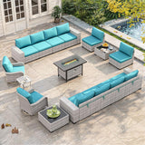 Maison Backyards Outdoor Wicker Sectional Sofa Set with Swivel Chairs & Fire Pit Table
