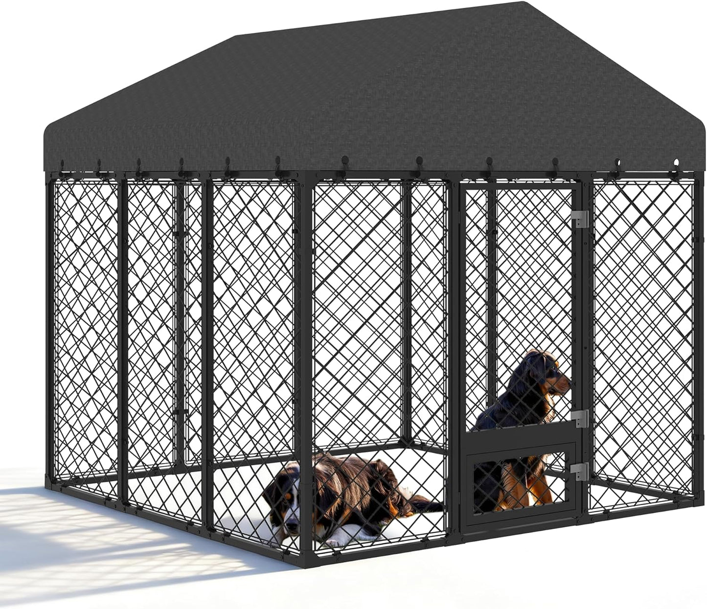 Heavy Duty Outdoor Dog Kennel with Roof – Large Dog Enclosure & Weatherproof Dog House, Secure Metal Fence Playpen with Double Lock & Feeding Swivel Door for Big Dogs