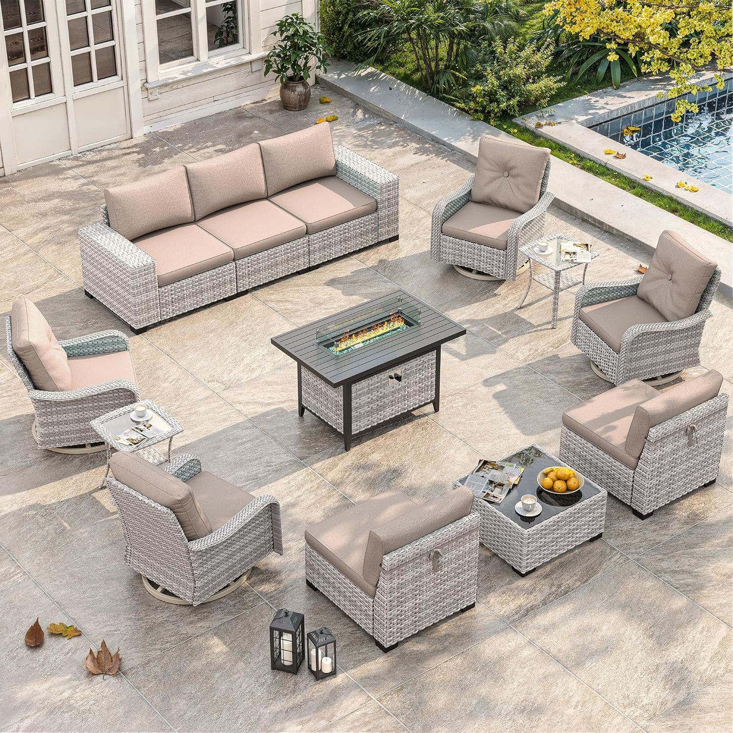 Outdoor Wicker Rattan Sectional Sofa Set with Swivel Chairs & Fire Pit Table, with 4" Thickened Cushions & Coffee Table, All-Weather PE Rattan for Garden, Backyard, Porch