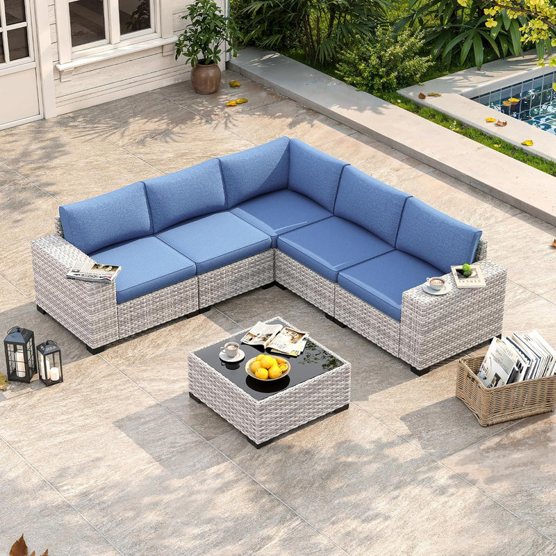 Maison Backyards Outdoor Wicker Sectional Sofa Set with Swivel Chairs & Fire Pit Table