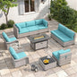 6-Seat Modern Outdoor Wicker Rattan Patio Furniture Set with 55,000 BTU Fire Pit Table, Thick 4″ Cushions, All-Weather Dual-Strand Rattan, Rust-Resistant Steel Frame