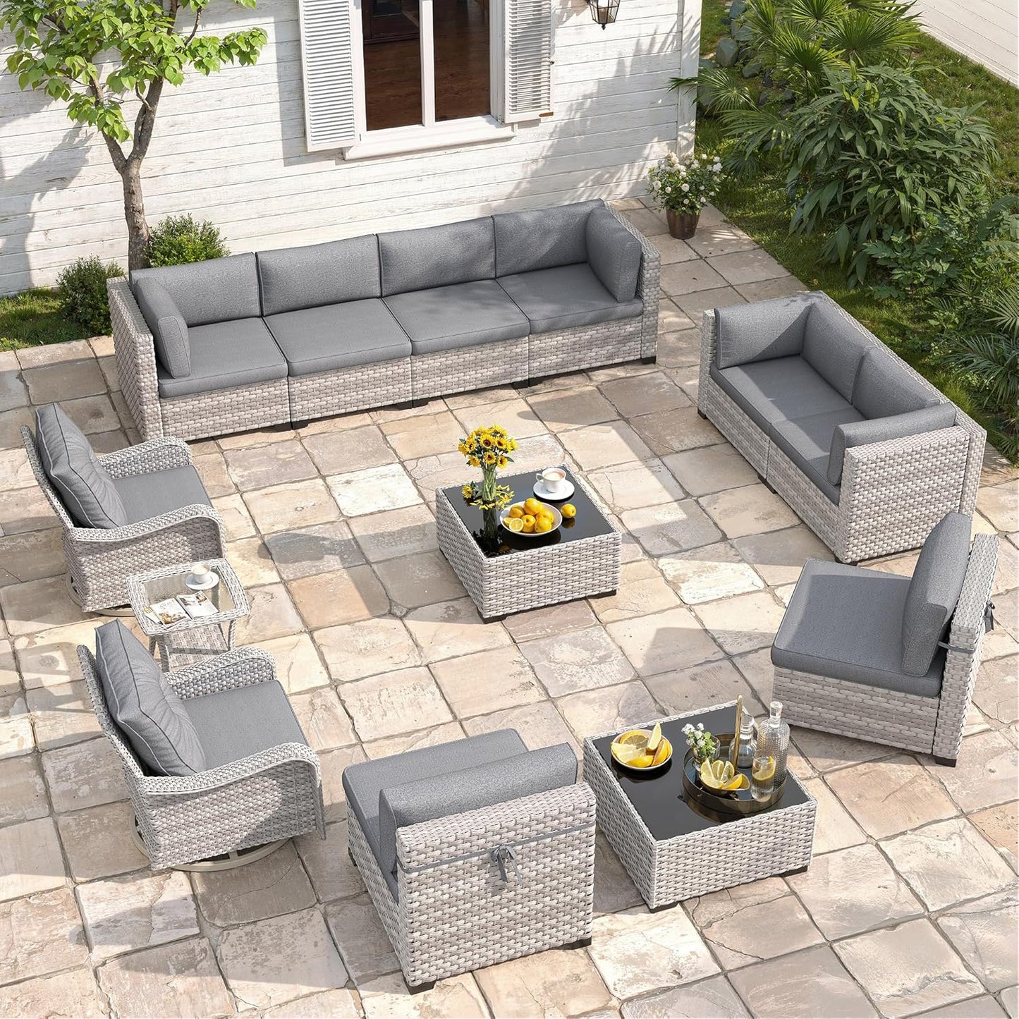 6-Seat Modern Outdoor Wicker Rattan Patio Furniture Set with 55,000 BTU Fire Pit Table, Thick 4″ Cushions, All-Weather Dual-Strand Rattan, Rust-Resistant Steel Frame
