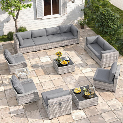 6-Seat Modern Outdoor Wicker Rattan Patio Furniture Set with 55,000 BTU Fire Pit Table, Thick 4″ Cushions, All-Weather Dual-Strand Rattan, Rust-Resistant Steel Frame