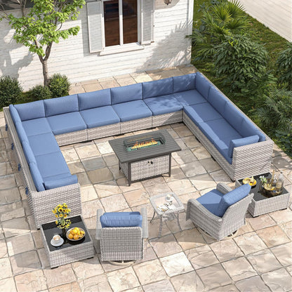 6-Seat Modern Outdoor Wicker Rattan Patio Furniture Set with 55,000 BTU Fire Pit Table, Thick 4″ Cushions, All-Weather Dual-Strand Rattan, Rust-Resistant Steel Frame