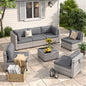6-Seat Modern Outdoor Wicker Rattan Patio Furniture Set with 55,000 BTU Fire Pit Table, Thick 4″ Cushions, All-Weather Dual-Strand Rattan, Rust-Resistant Steel Frame
