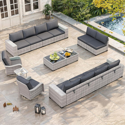 Outdoor Wicker Rattan Sectional Sofa Set with Swivel Chairs & Fire Pit Table, with 4" Thickened Cushions & Coffee Table, All-Weather PE Rattan for Garden, Backyard, Porch