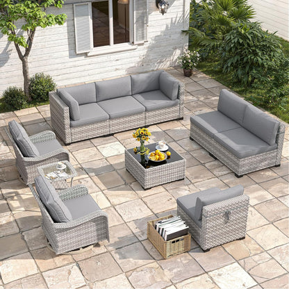 6-Seat Modern Outdoor Wicker Rattan Patio Furniture Set with 55,000 BTU Fire Pit Table, Thick 4″ Cushions, All-Weather Dual-Strand Rattan, Rust-Resistant Steel Frame