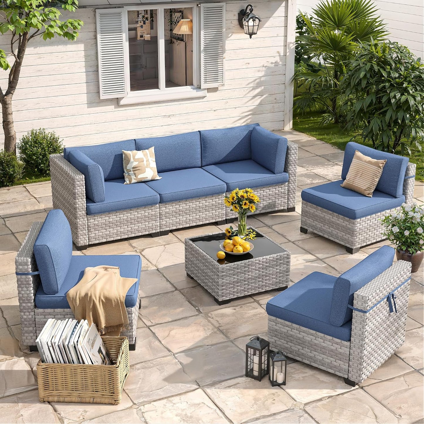 6-Seat Modern Outdoor Wicker Rattan Patio Furniture Set with 55,000 BTU Fire Pit Table, Thick 4″ Cushions, All-Weather Dual-Strand Rattan, Rust-Resistant Steel Frame