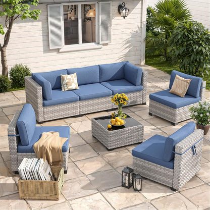 6-Seat Modern Outdoor Wicker Rattan Patio Furniture Set with 55,000 BTU Fire Pit Table, Thick 4″ Cushions, All-Weather Dual-Strand Rattan, Rust-Resistant Steel Frame