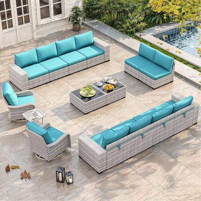 Outdoor Wicker Rattan Sectional Sofa Set with Swivel Chairs & Fire Pit Table, with 4" Thickened Cushions & Coffee Table, All-Weather PE Rattan for Garden, Backyard, Porch