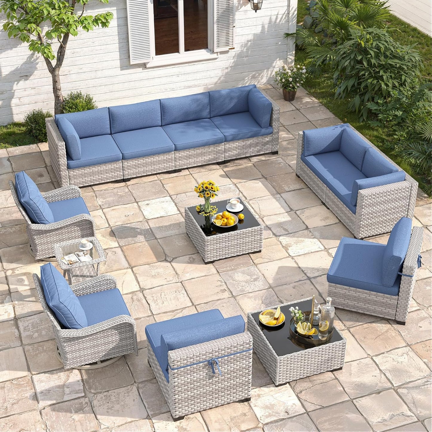 6-Seat Modern Outdoor Wicker Rattan Patio Furniture Set with 55,000 BTU Fire Pit Table, Thick 4″ Cushions, All-Weather Dual-Strand Rattan, Rust-Resistant Steel Frame