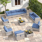 6-Seat Modern Outdoor Wicker Rattan Patio Furniture Set with 55,000 BTU Fire Pit Table, Thick 4″ Cushions, All-Weather Dual-Strand Rattan, Rust-Resistant Steel Frame