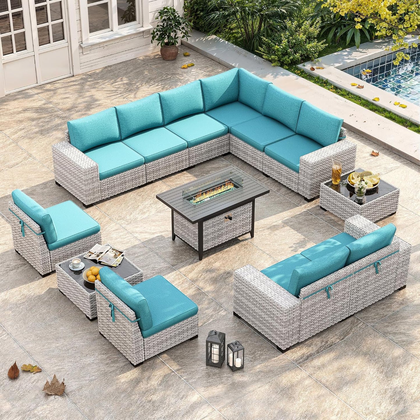 Outdoor Wicker Rattan Sectional Sofa Set with Swivel Chairs & Fire Pit Table, with 4" Thickened Cushions & Coffee Table, All-Weather PE Rattan for Garden, Backyard, Porch