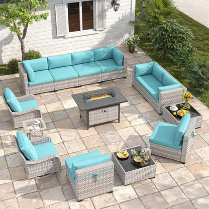 6-Seat Modern Outdoor Wicker Rattan Patio Furniture Set with 55,000 BTU Fire Pit Table, Thick 4″ Cushions, All-Weather Dual-Strand Rattan, Rust-Resistant Steel Frame