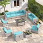 6-Seat Modern Outdoor Wicker Rattan Patio Furniture Set with 55,000 BTU Fire Pit Table, Thick 4″ Cushions, All-Weather Dual-Strand Rattan, Rust-Resistant Steel Frame
