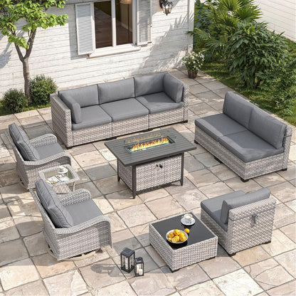 6-Seat Modern Outdoor Wicker Rattan Patio Furniture Set with 55,000 BTU Fire Pit Table, Thick 4″ Cushions, All-Weather Dual-Strand Rattan, Rust-Resistant Steel Frame
