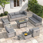 6-Seat Modern Outdoor Wicker Rattan Patio Furniture Set with 55,000 BTU Fire Pit Table, Thick 4″ Cushions, All-Weather Dual-Strand Rattan, Rust-Resistant Steel Frame