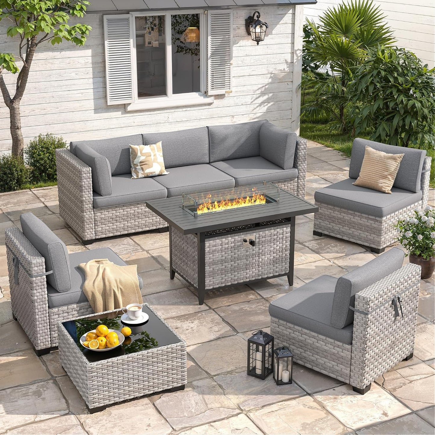 6-Seat Modern Outdoor Wicker Rattan Patio Furniture Set with 55,000 BTU Fire Pit Table, Thick 4″ Cushions, All-Weather Dual-Strand Rattan, Rust-Resistant Steel Frame