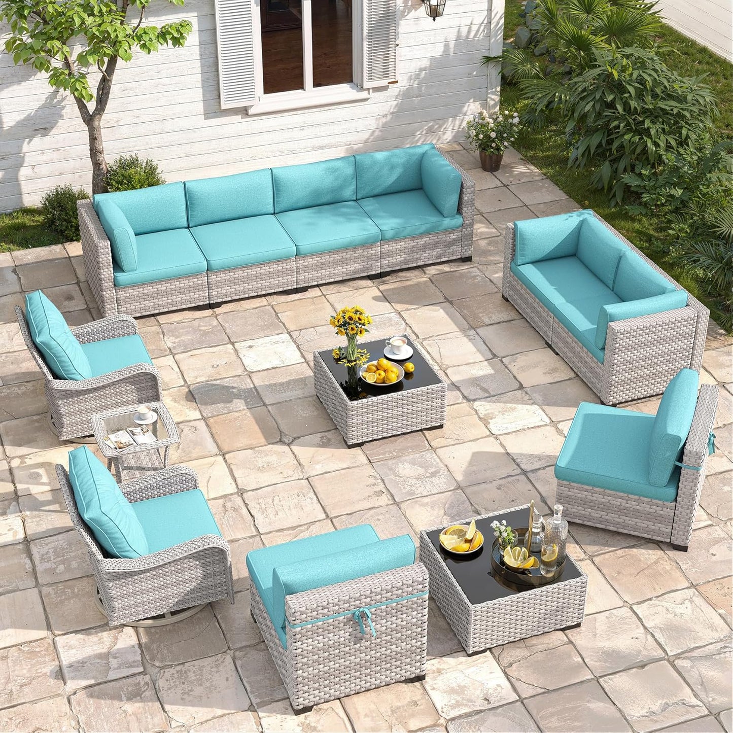 6-Seat Modern Outdoor Wicker Rattan Patio Furniture Set with 55,000 BTU Fire Pit Table, Thick 4″ Cushions, All-Weather Dual-Strand Rattan, Rust-Resistant Steel Frame