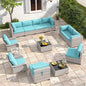 6-Seat Modern Outdoor Wicker Rattan Patio Furniture Set with 55,000 BTU Fire Pit Table, Thick 4″ Cushions, All-Weather Dual-Strand Rattan, Rust-Resistant Steel Frame