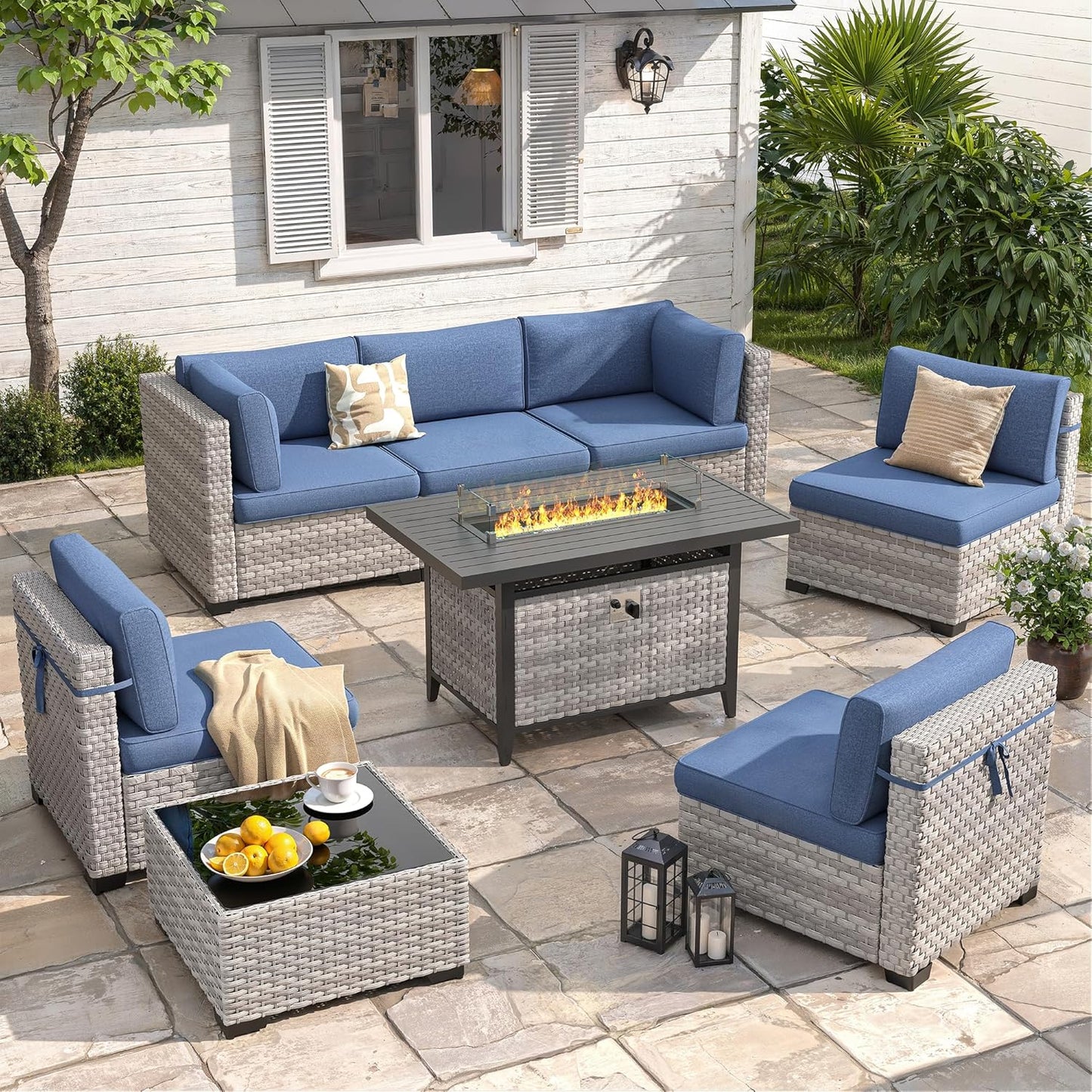 6-Seat Modern Outdoor Wicker Rattan Patio Furniture Set with 55,000 BTU Fire Pit Table, Thick 4″ Cushions, All-Weather Dual-Strand Rattan, Rust-Resistant Steel Frame