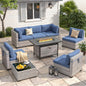 6-Seat Modern Outdoor Wicker Rattan Patio Furniture Set with 55,000 BTU Fire Pit Table, Thick 4″ Cushions, All-Weather Dual-Strand Rattan, Rust-Resistant Steel Frame