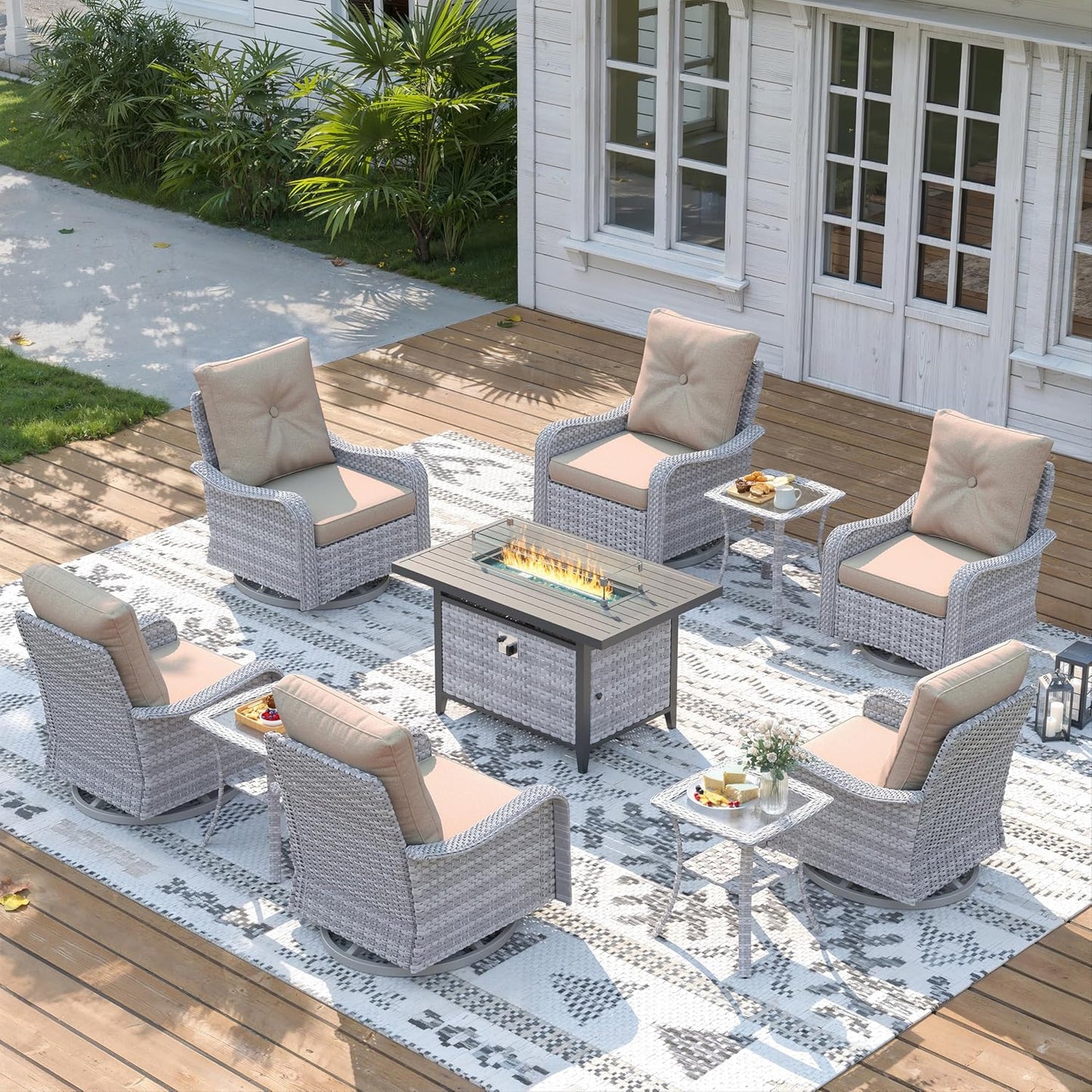 3 Piece Outdoor Wicker Patio Furniture Set,High Back Swivel Rocker Patio Chairs with 4" Thickened Cushions & Side Table, All-Weather PE Rattan for Garden, Backyard, Porch