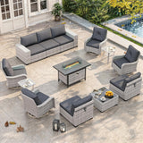 Maison Backyards Outdoor Wicker Sectional Sofa Set with Swivel Chairs & Fire Pit Table