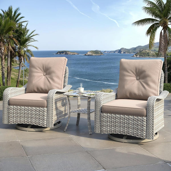 Three-piece wicker swivel rocker patio set with high-back chairs, 4-inch cushions, and side table