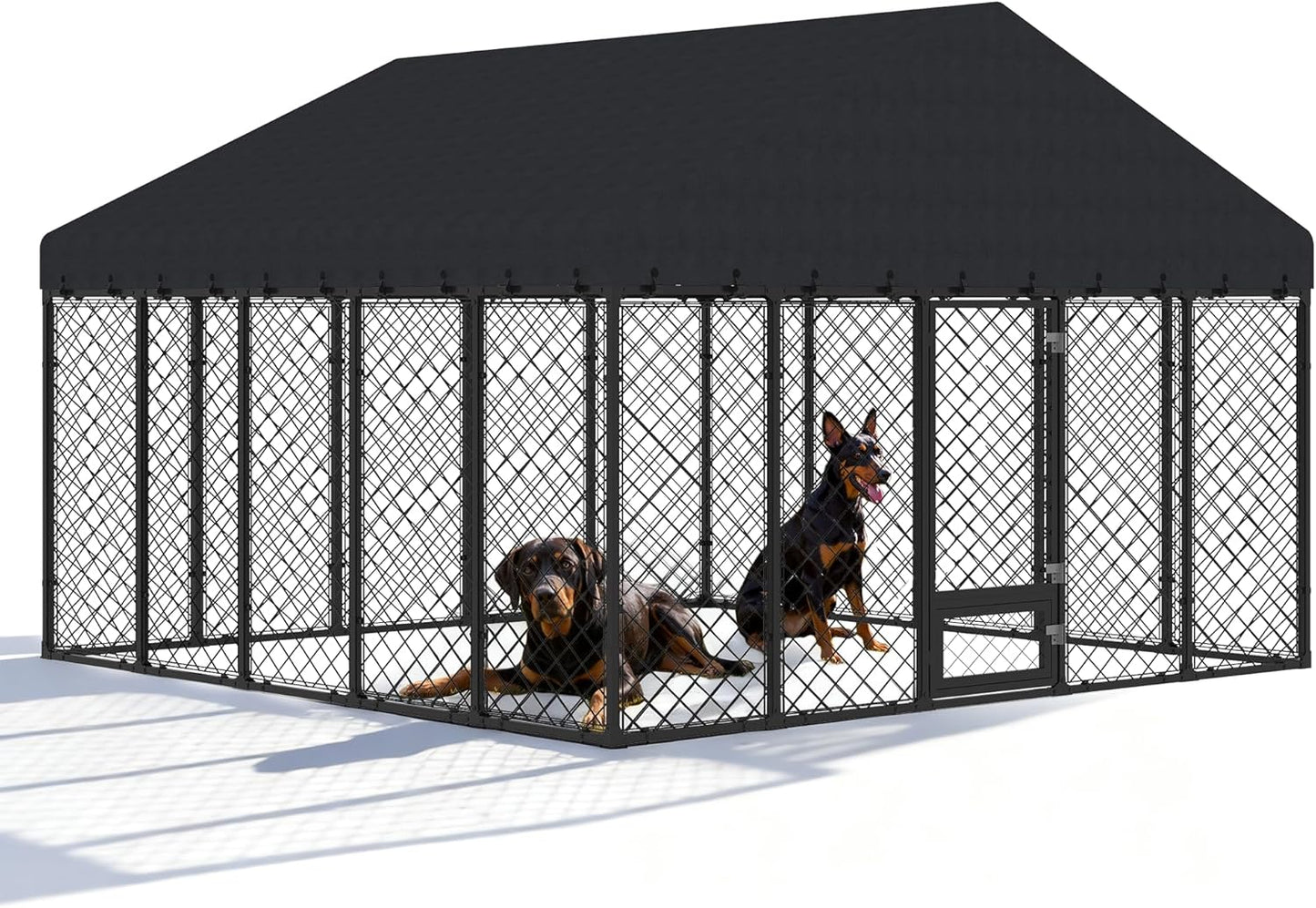 Heavy Duty Outdoor Dog Kennel with Roof – Large Dog Enclosure & Weatherproof Dog House, Secure Metal Fence Playpen with Double Lock & Feeding Swivel Door for Big Dogs