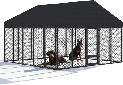 Heavy Duty Outdoor Dog Kennel with Roof – Large Dog Enclosure & Weatherproof Dog House, Secure Metal Fence Playpen with Double Lock & Feeding Swivel Door for Big Dogs