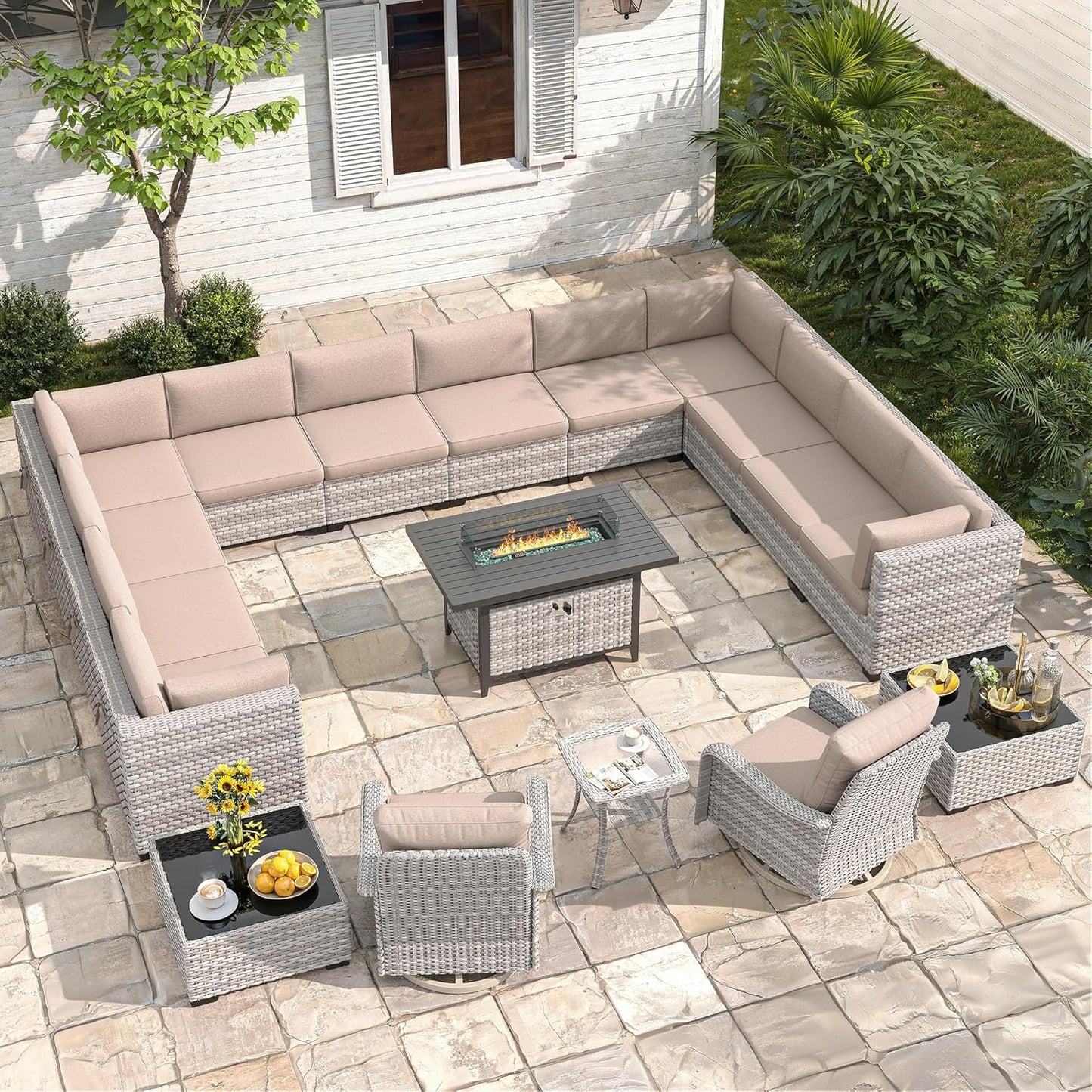6-Seat Modern Outdoor Wicker Rattan Patio Furniture Set with 55,000 BTU Fire Pit Table, Thick 4″ Cushions, All-Weather Dual-Strand Rattan, Rust-Resistant Steel Frame