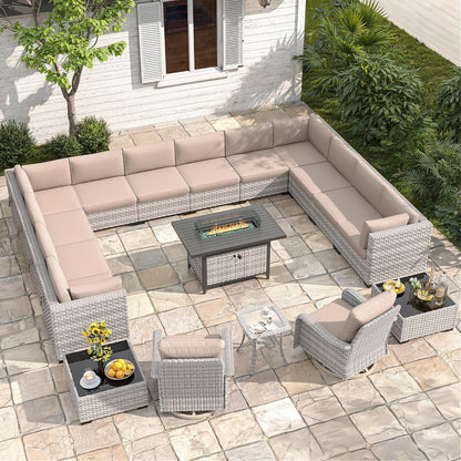 6-Seat Modern Outdoor Wicker Rattan Patio Furniture Set with 55,000 BTU Fire Pit Table, Thick 4″ Cushions, All-Weather Dual-Strand Rattan, Rust-Resistant Steel Frame