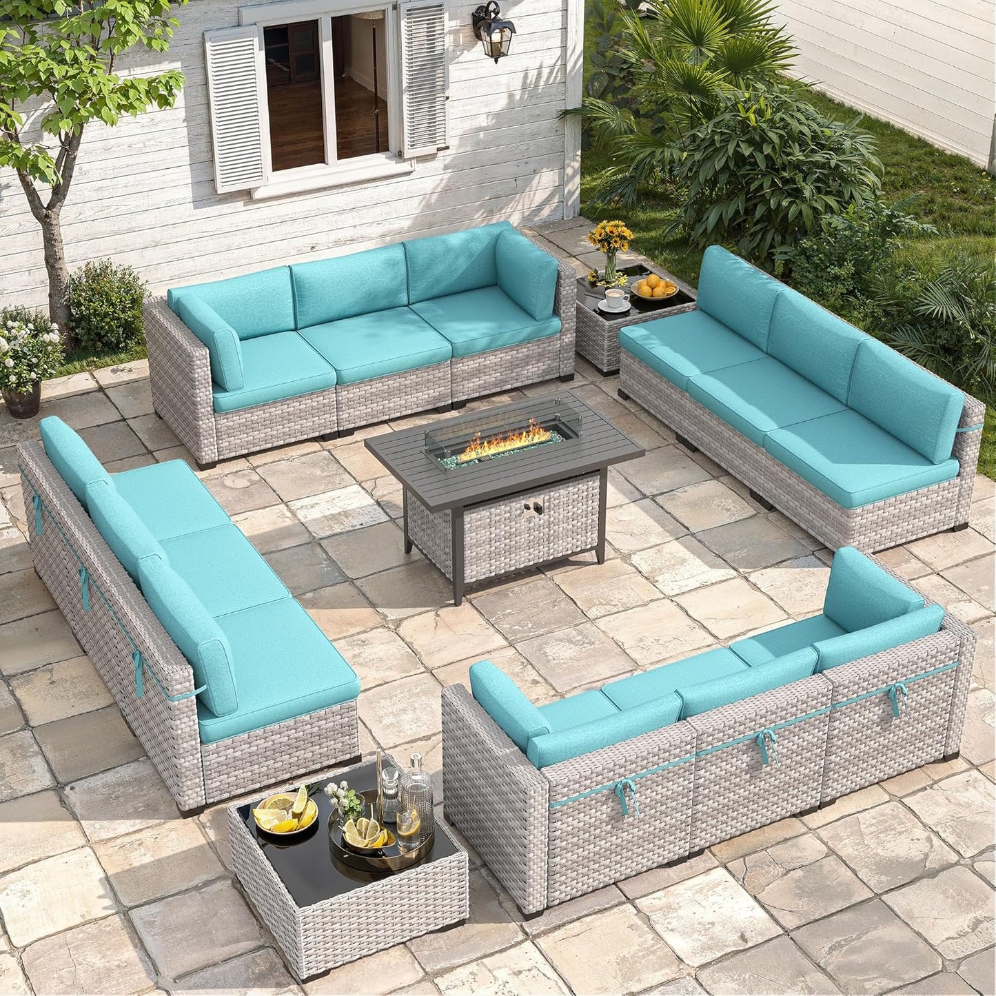 6-Seat Modern Outdoor Wicker Rattan Patio Furniture Set with 55,000 BTU Fire Pit Table, Thick 4″ Cushions, All-Weather Dual-Strand Rattan, Rust-Resistant Steel Frame