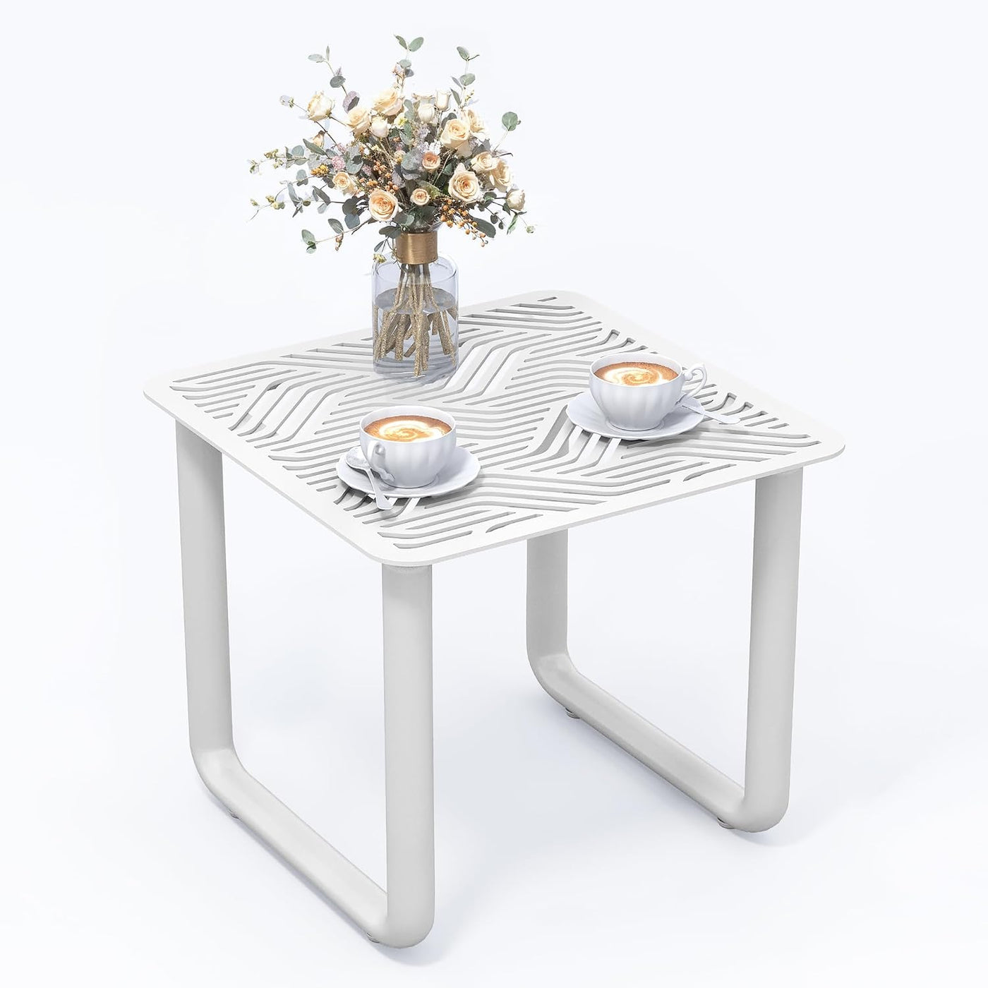 White aluminum outdoor patio coffee table with slatted top holding two cups and a flower vase