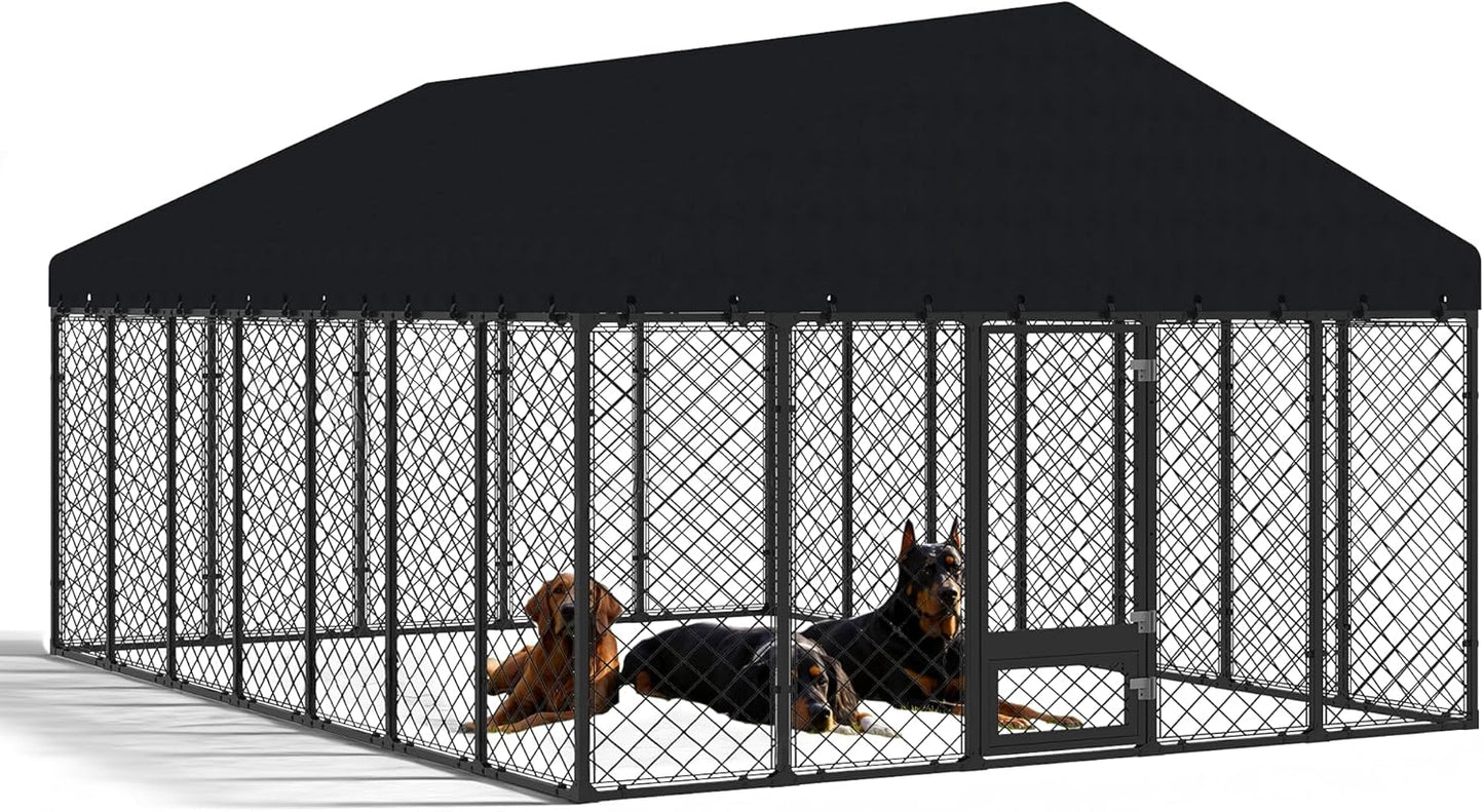 Heavy Duty Outdoor Dog Kennel with Roof – Large Dog Enclosure & Weatherproof Dog House, Secure Metal Fence Playpen with Double Lock & Feeding Swivel Door for Big Dogs