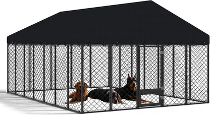 Heavy Duty Outdoor Dog Kennel with Roof – Large Dog Enclosure & Weatherproof Dog House, Secure Metal Fence Playpen with Double Lock & Feeding Swivel Door for Big Dogs
