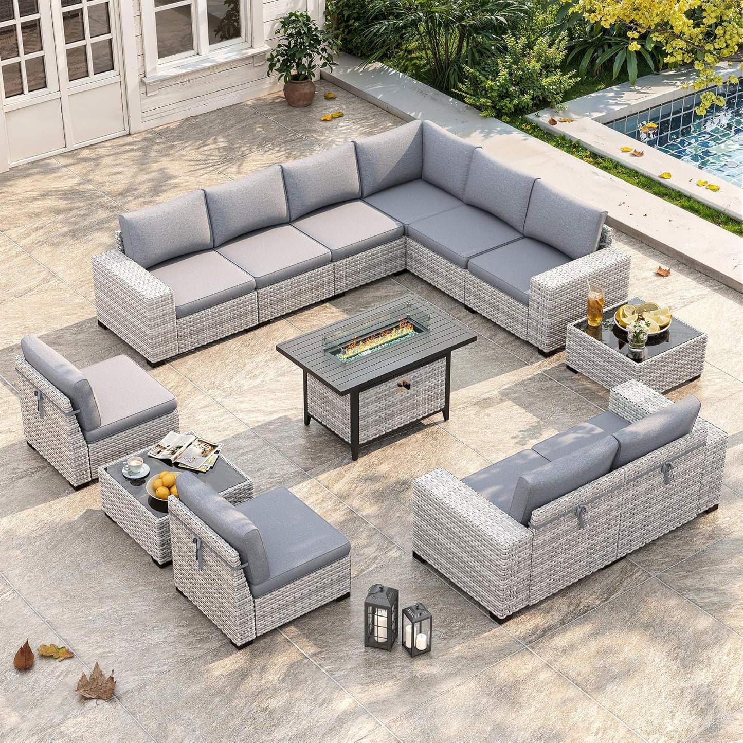 Outdoor Wicker Rattan Sectional Sofa Set with Swivel Chairs & Fire Pit Table, with 4" Thickened Cushions & Coffee Table, All-Weather PE Rattan for Garden, Backyard, Porch