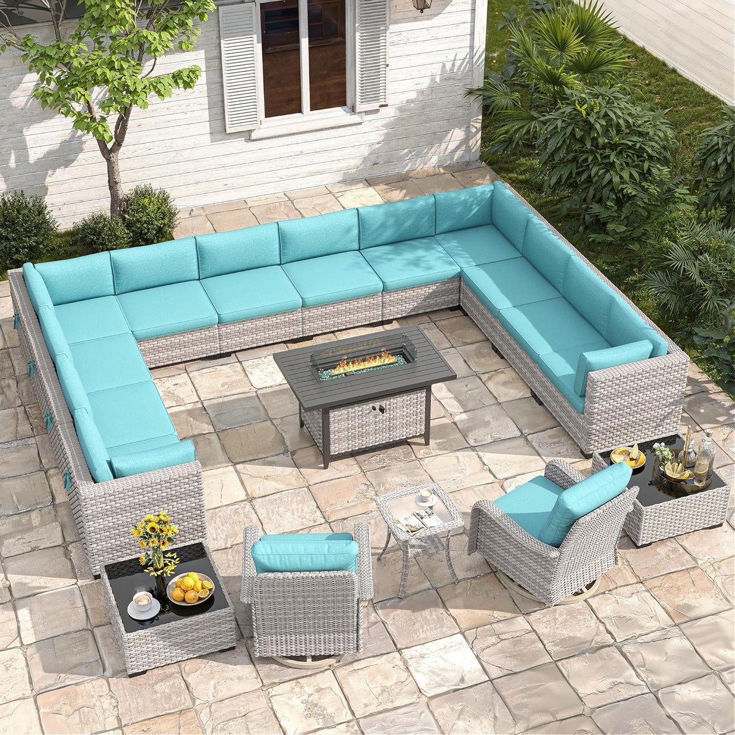 6-Seat Modern Outdoor Wicker Rattan Patio Furniture Set with 55,000 BTU Fire Pit Table, Thick 4″ Cushions, All-Weather Dual-Strand Rattan, Rust-Resistant Steel Frame