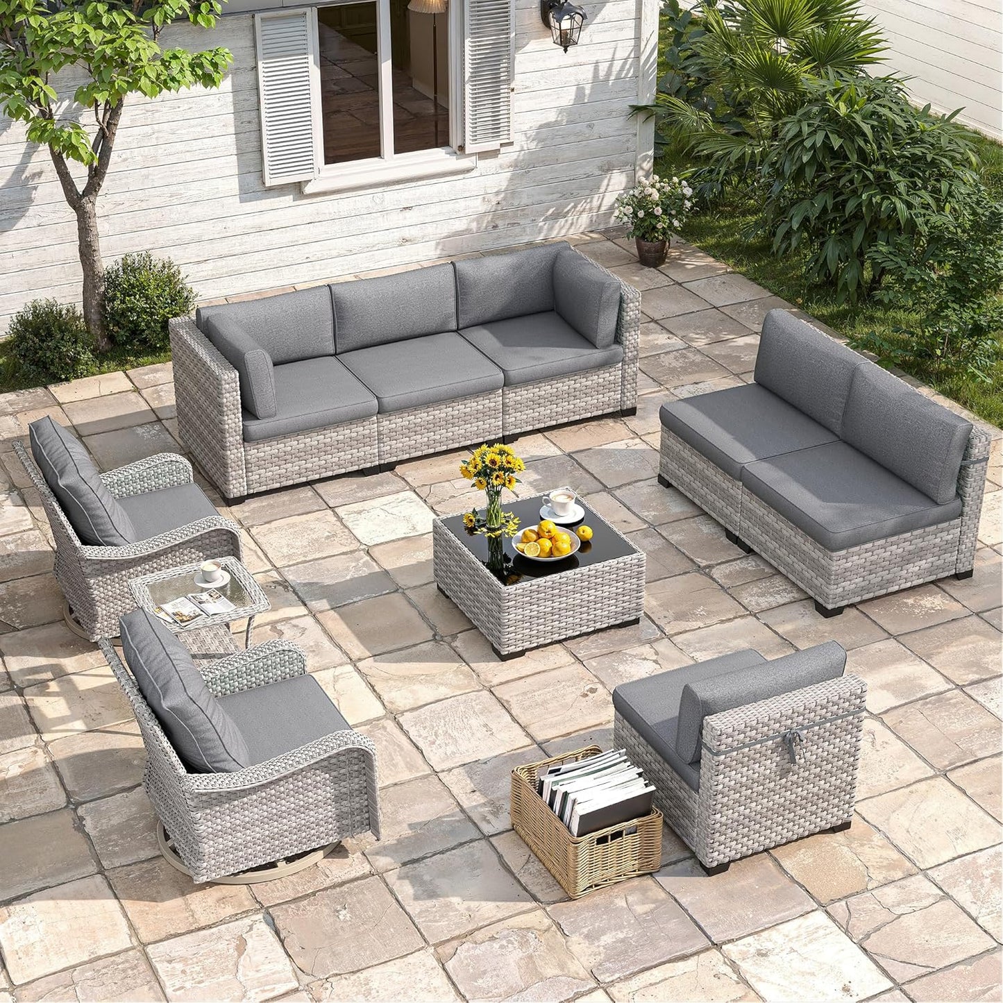 6-Seat Modern Outdoor Wicker Rattan Patio Furniture Set with 55,000 BTU Fire Pit Table, Thick 4″ Cushions, All-Weather Dual-Strand Rattan, Rust-Resistant Steel Frame