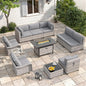 6-Seat Modern Outdoor Wicker Rattan Patio Furniture Set with 55,000 BTU Fire Pit Table, Thick 4″ Cushions, All-Weather Dual-Strand Rattan, Rust-Resistant Steel Frame